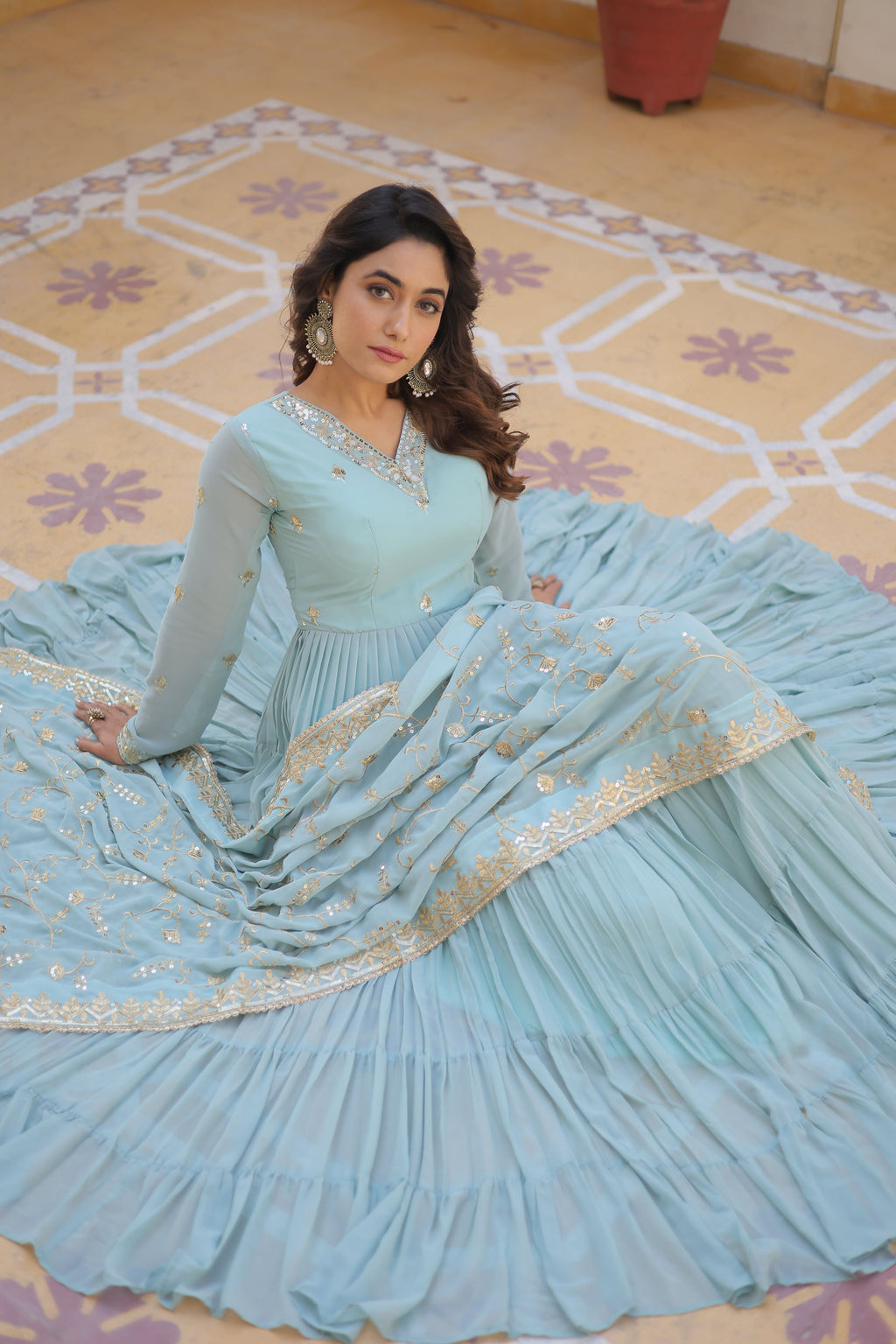 Teeya Creation Sky Color Faux Georgette Heavy Work Fully Stitched Gown | Grocsy