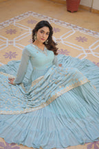 Teeya Creation Sky Color Faux Georgette Heavy Work Fully Stitched Gown | Grocsy