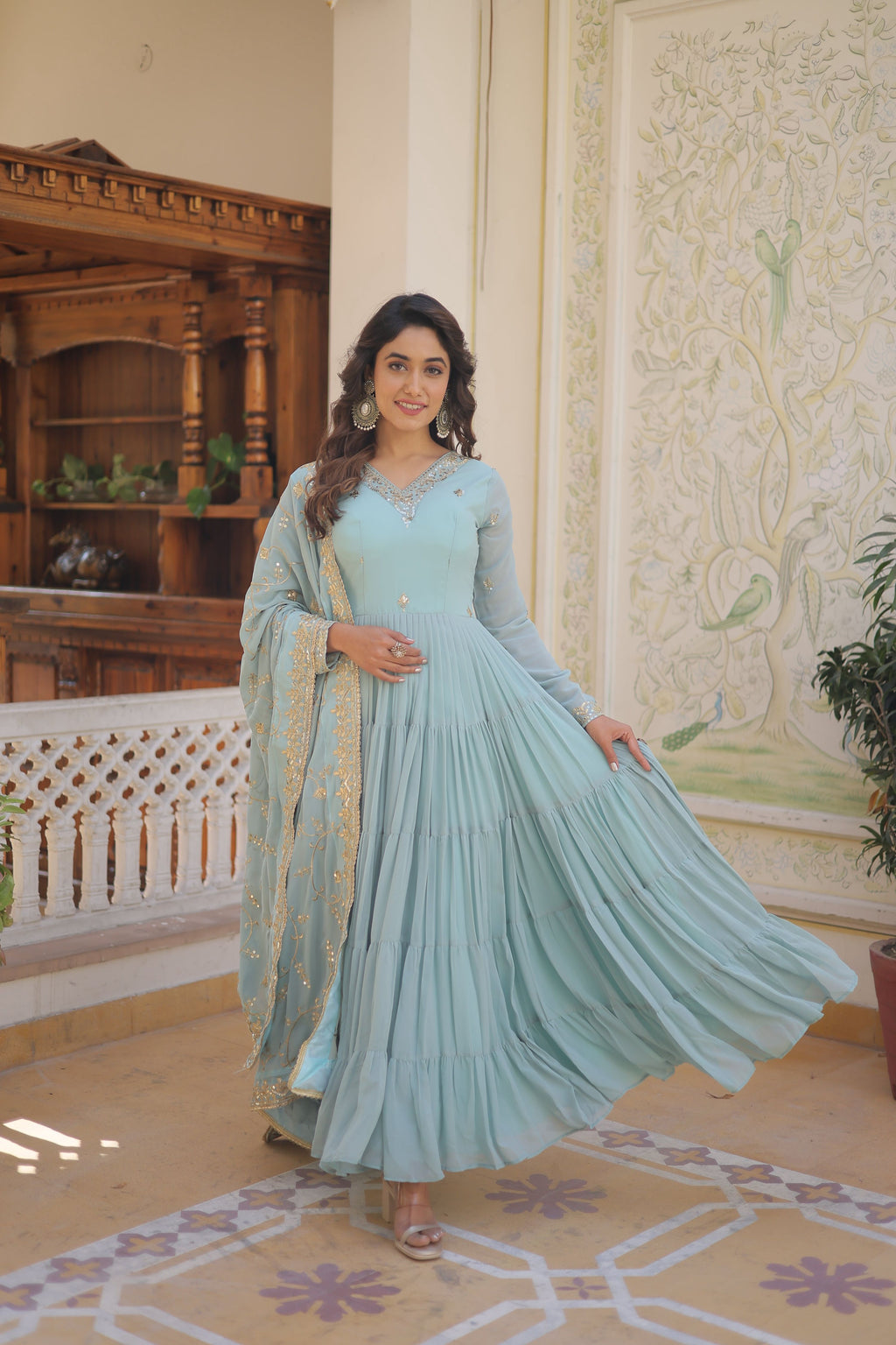 Teeya Creation Sky Color Faux Georgette Heavy Work Fully Stitched Gown | Grocsy