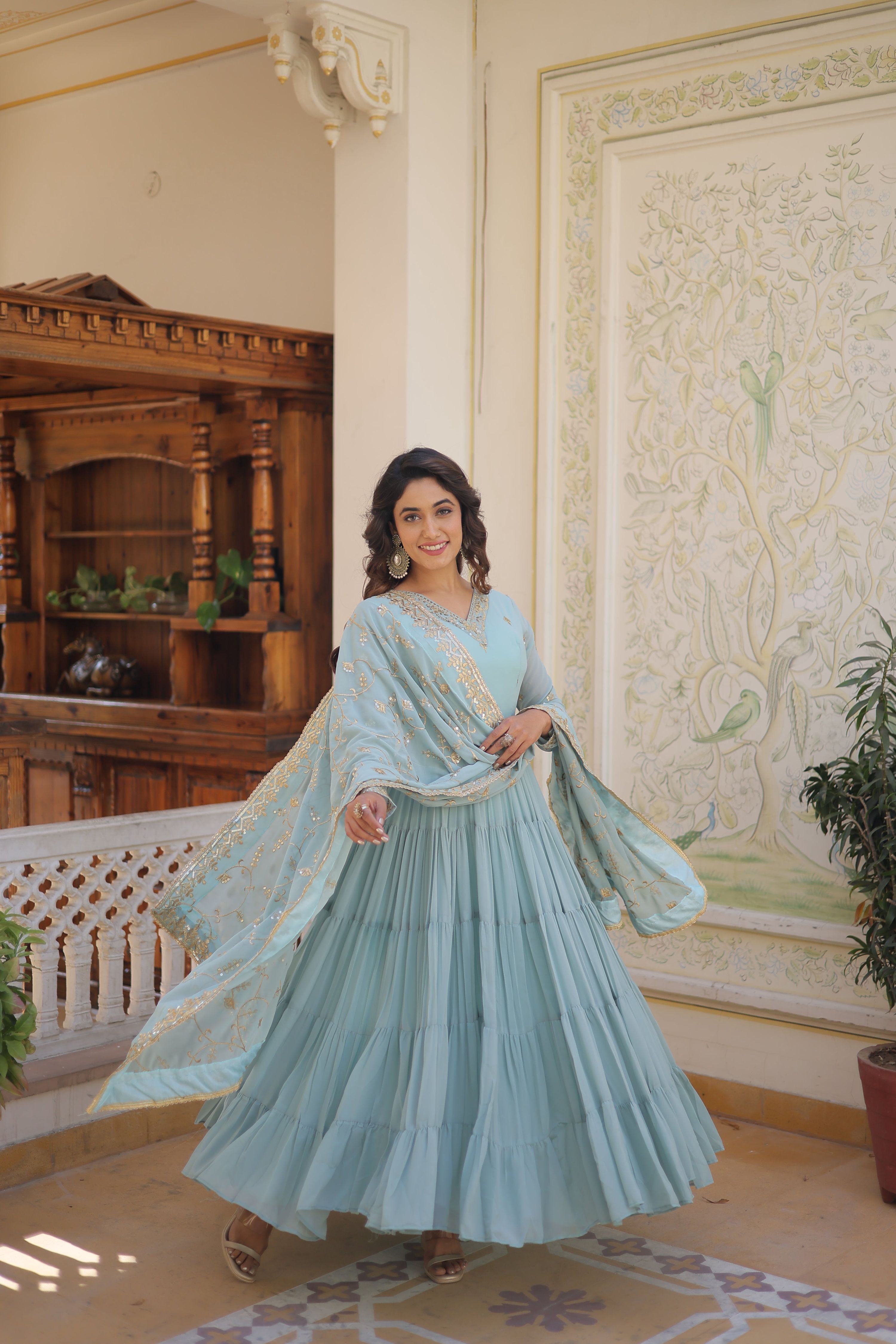 Teeya Creation Sky Color Faux Georgette Heavy Work Fully Stitched Gown | Grocsy