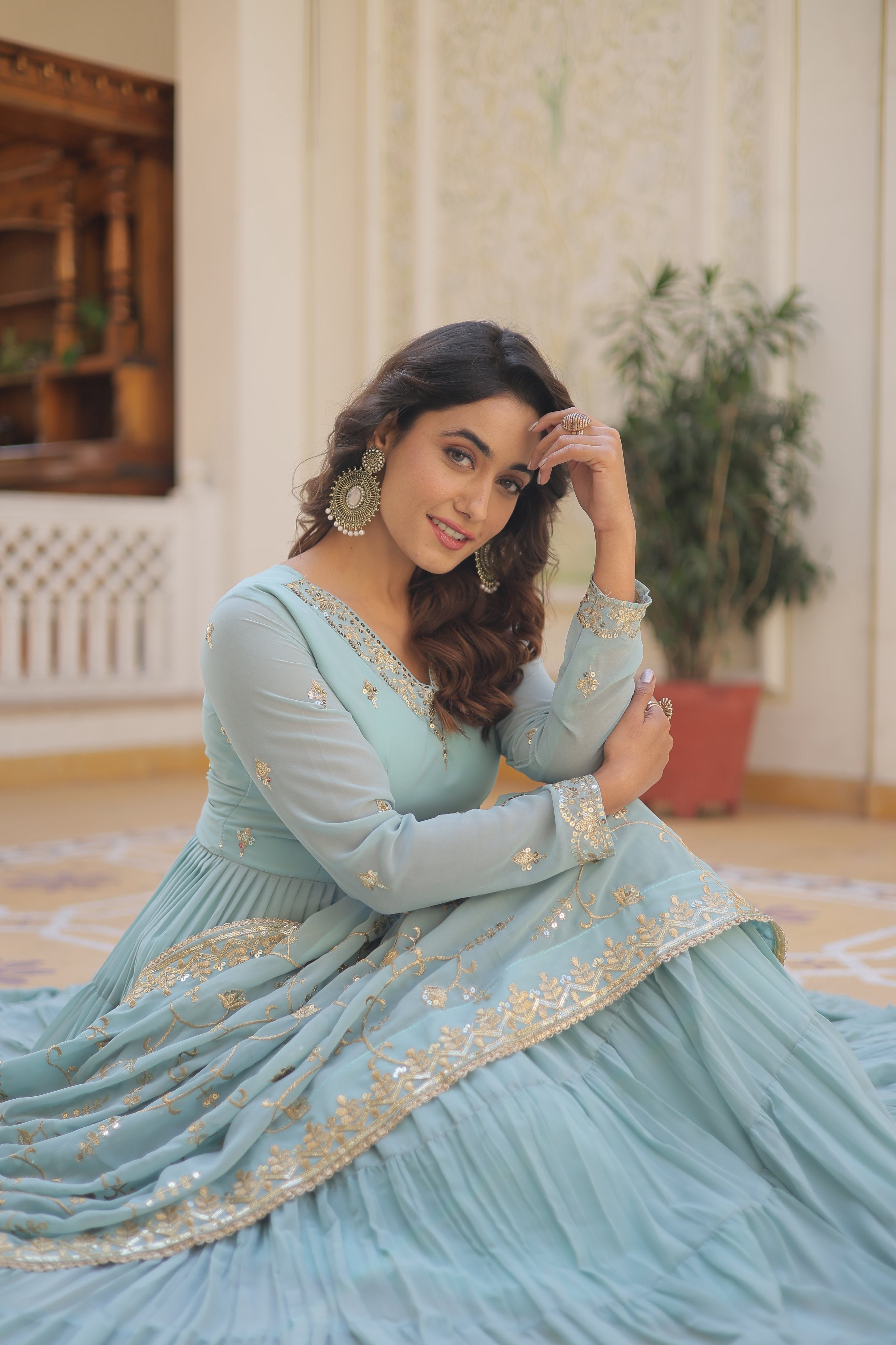 Teeya Creation Sky Color Faux Georgette Heavy Work Fully Stitched Gown | Grocsy