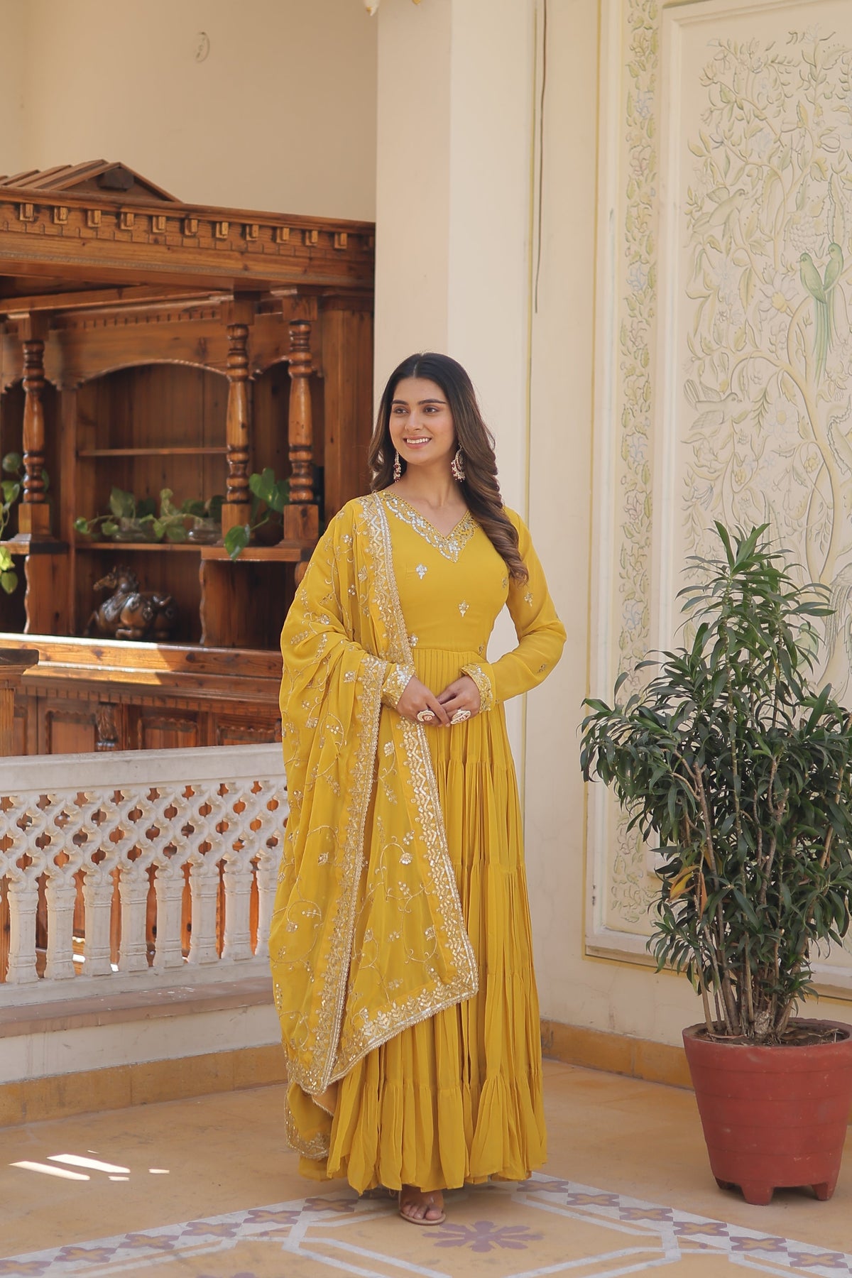 Teeya Creation Yellow Color Faux Georgette Heavy Work Fully Stitched Gown | Grocsy