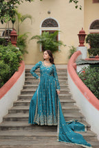 Teeya Creation Rama Color Chinon Silk Embroidery Work Fully Stitched Plazo With Anrkaly Gown | Grocsy