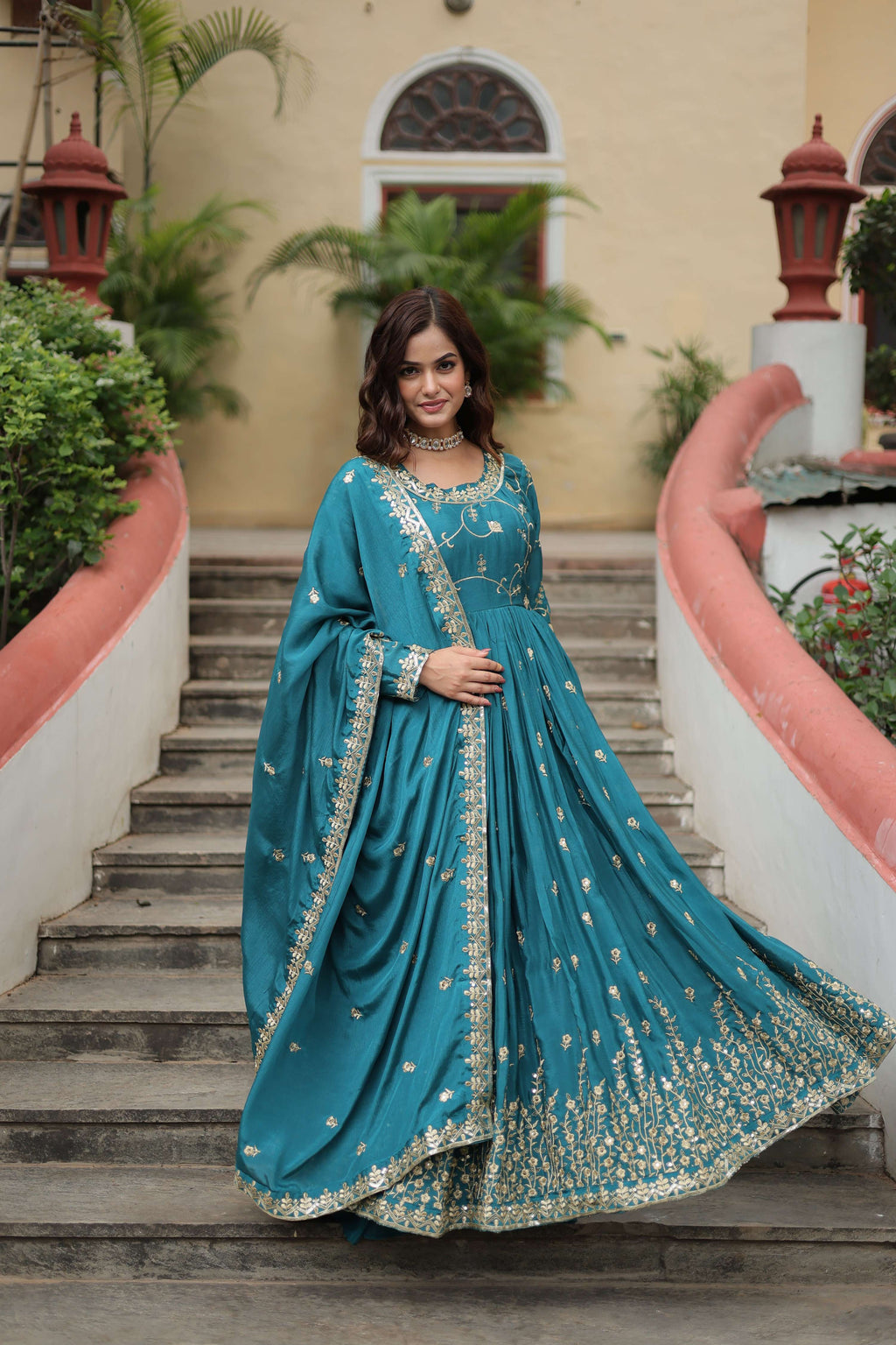 Teeya Creation Rama Color Chinon Silk Embroidery Work Fully Stitched Plazo With Anrkaly Gown | Grocsy