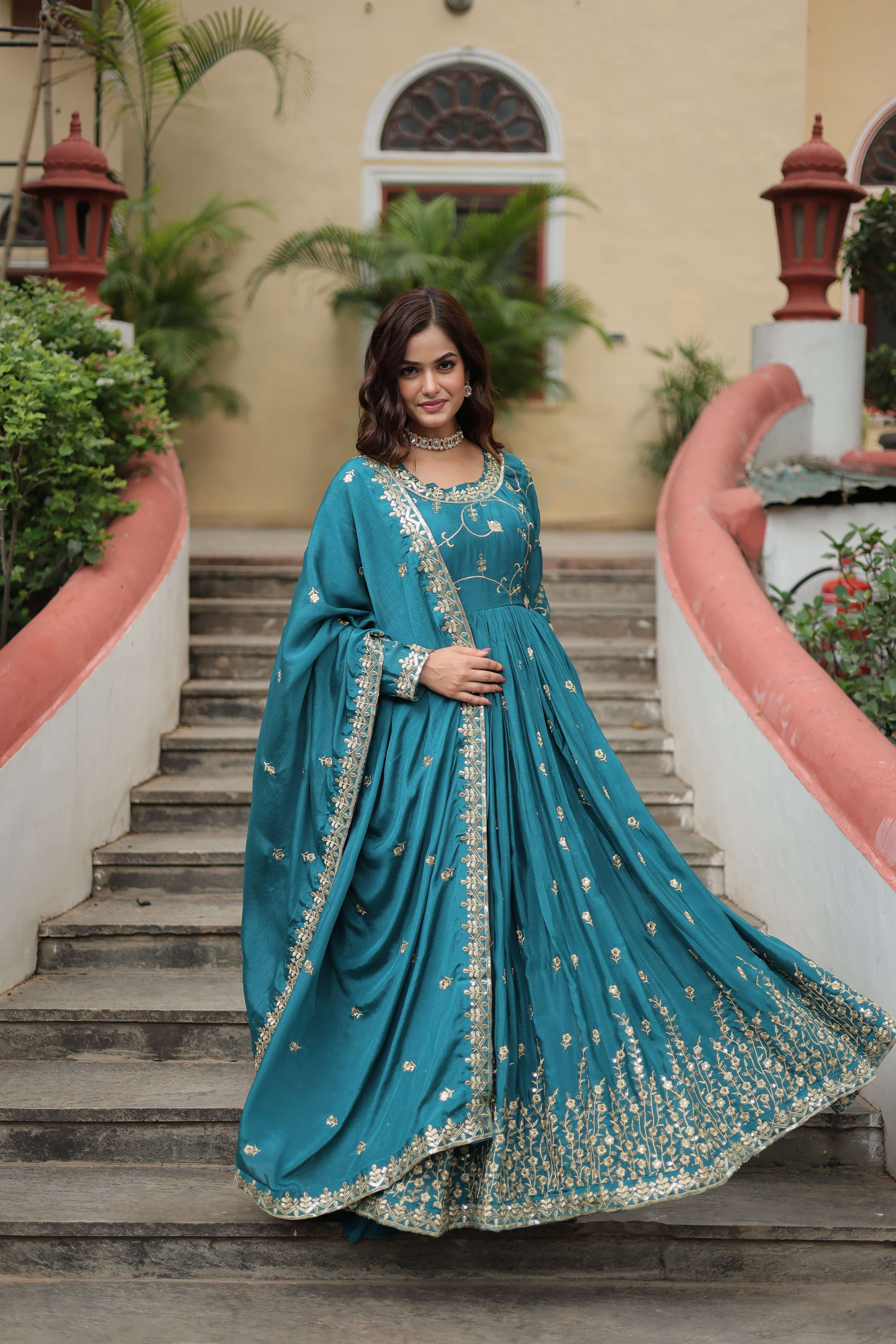 Teeya Creation Rama Color Chinon Silk Embroidery Work Fully Stitched Plazo With Anrkaly Gown | Grocsy