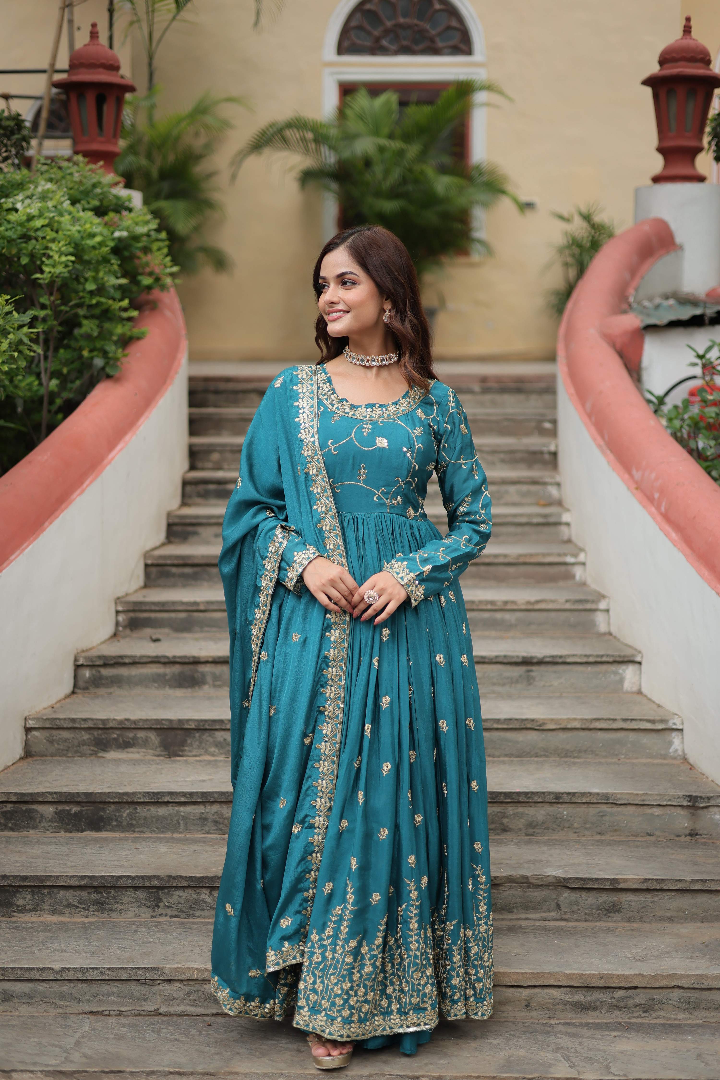 Teeya Creation Rama Color Chinon Silk Embroidery Work Fully Stitched Plazo With Anrkaly Gown | Grocsy