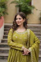 Teeya Creation Parrot Color Chinon Silk Embroidery Work Fully Stitched Plazo With Anrkaly Gown | Grocsy