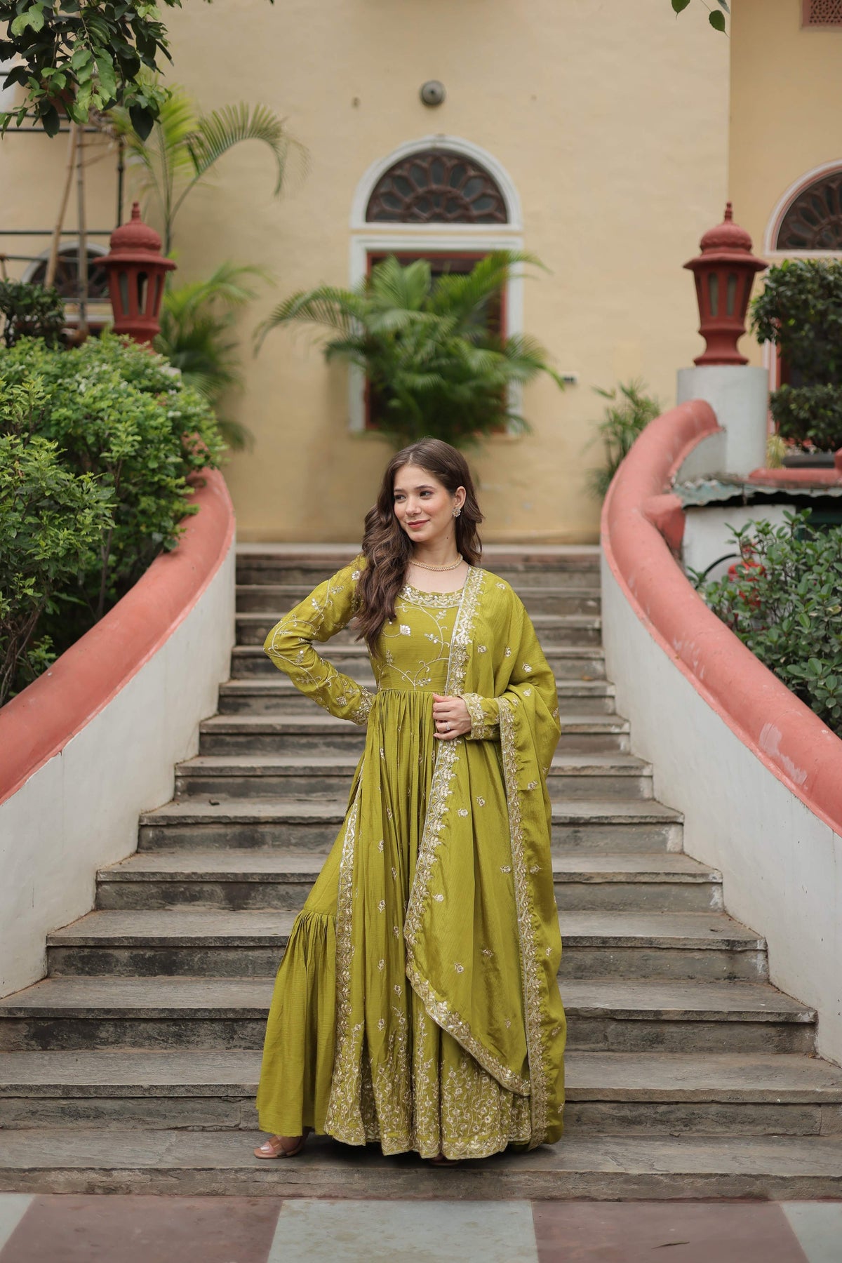 Teeya Creation Parrot Color Chinon Silk Embroidery Work Fully Stitched Plazo With Anrkaly Gown | Grocsy