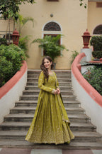 Teeya Creation Parrot Color Chinon Silk Embroidery Work Fully Stitched Plazo With Anrkaly Gown | Grocsy
