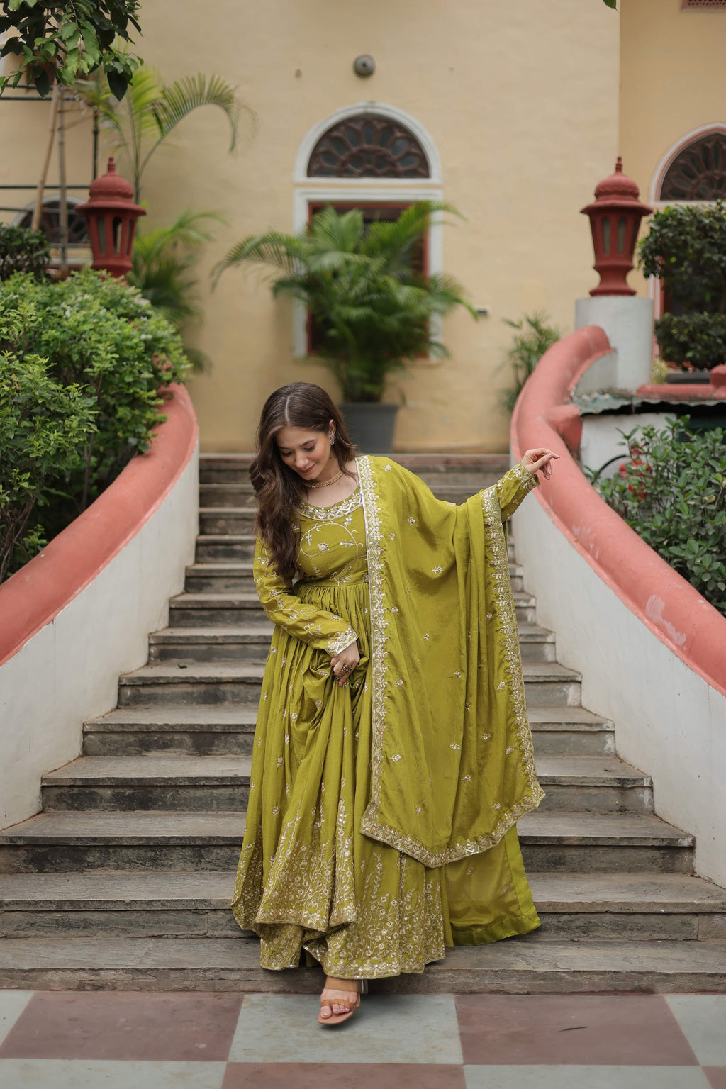 Teeya Creation Parrot Color Chinon Silk Embroidery Work Fully Stitched Plazo With Anrkaly Gown | Grocsy