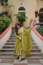 Teeya Creation Parrot Color Chinon Silk Embroidery Work Fully Stitched Plazo With Anrkaly Gown | Grocsy