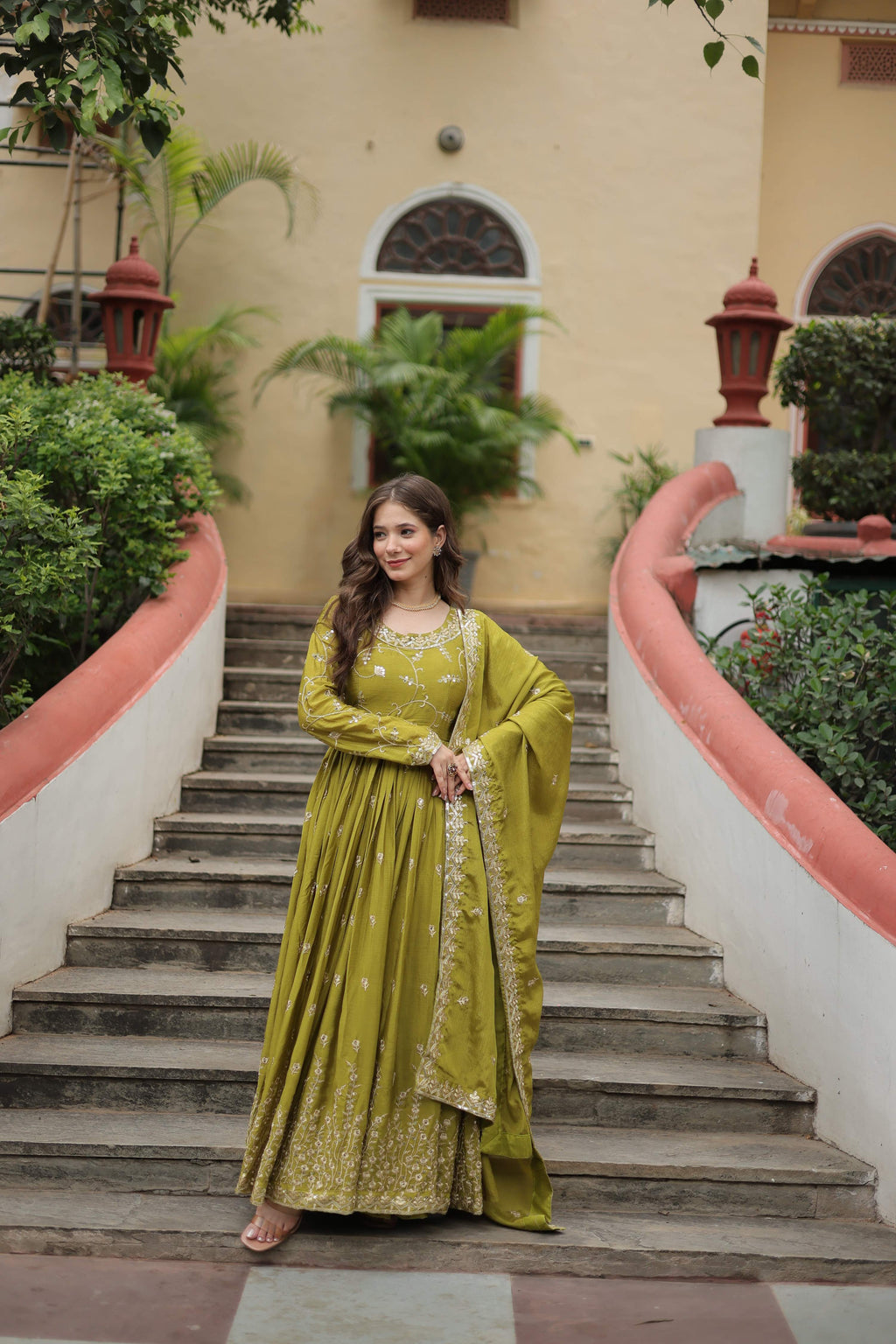 Teeya Creation Parrot Color Chinon Silk Embroidery Work Fully Stitched Plazo With Anrkaly Gown | Grocsy