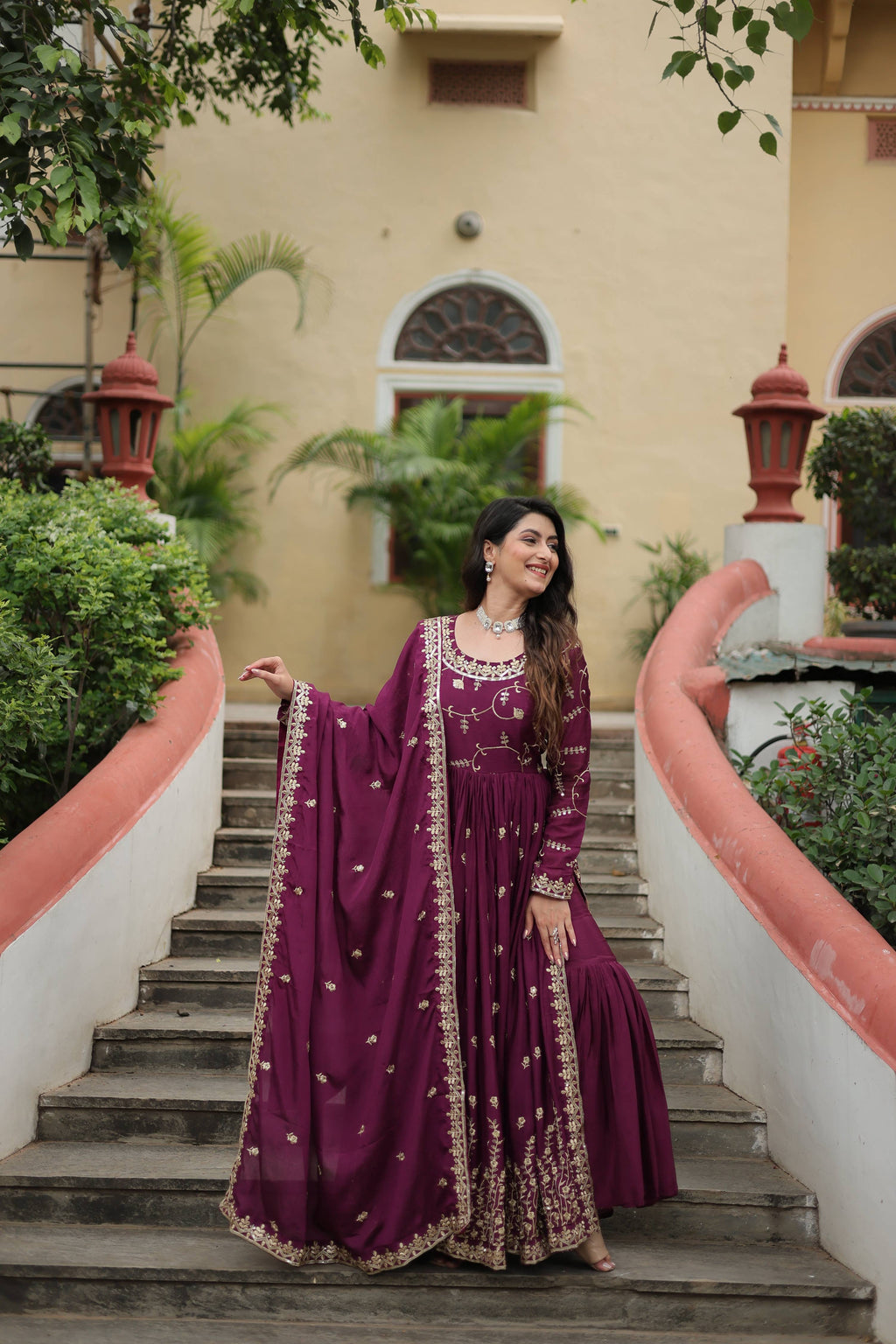 Teeya Creation Wine Color Chinon Silk Embroidery Work Fully Stitched Plazo With Anrkaly Gown | Grocsy