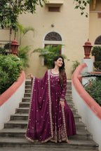 Teeya Creation Wine Color Chinon Silk Embroidery Work Fully Stitched Plazo With Anrkaly Gown | Grocsy