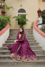 Teeya Creation Wine Color Chinon Silk Embroidery Work Fully Stitched Plazo With Anrkaly Gown | Grocsy