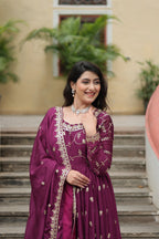 Teeya Creation Wine Color Chinon Silk Embroidery Work Fully Stitched Plazo With Anrkaly Gown | Grocsy