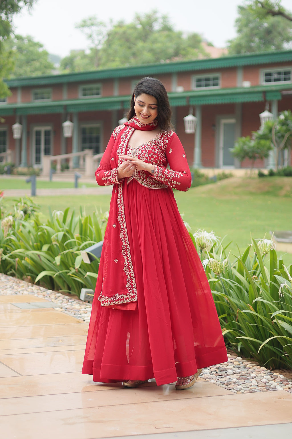 Teeya Creation Red Color Faux Georgette Heavy Embroidery Work Dupatta Fully Stitched Gown | Grocsy