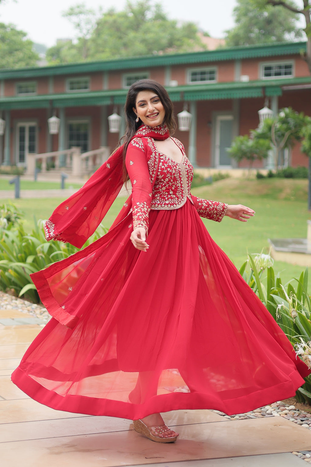 Teeya Creation Red Color Faux Georgette Heavy Embroidery Work Dupatta Fully Stitched Gown | Grocsy