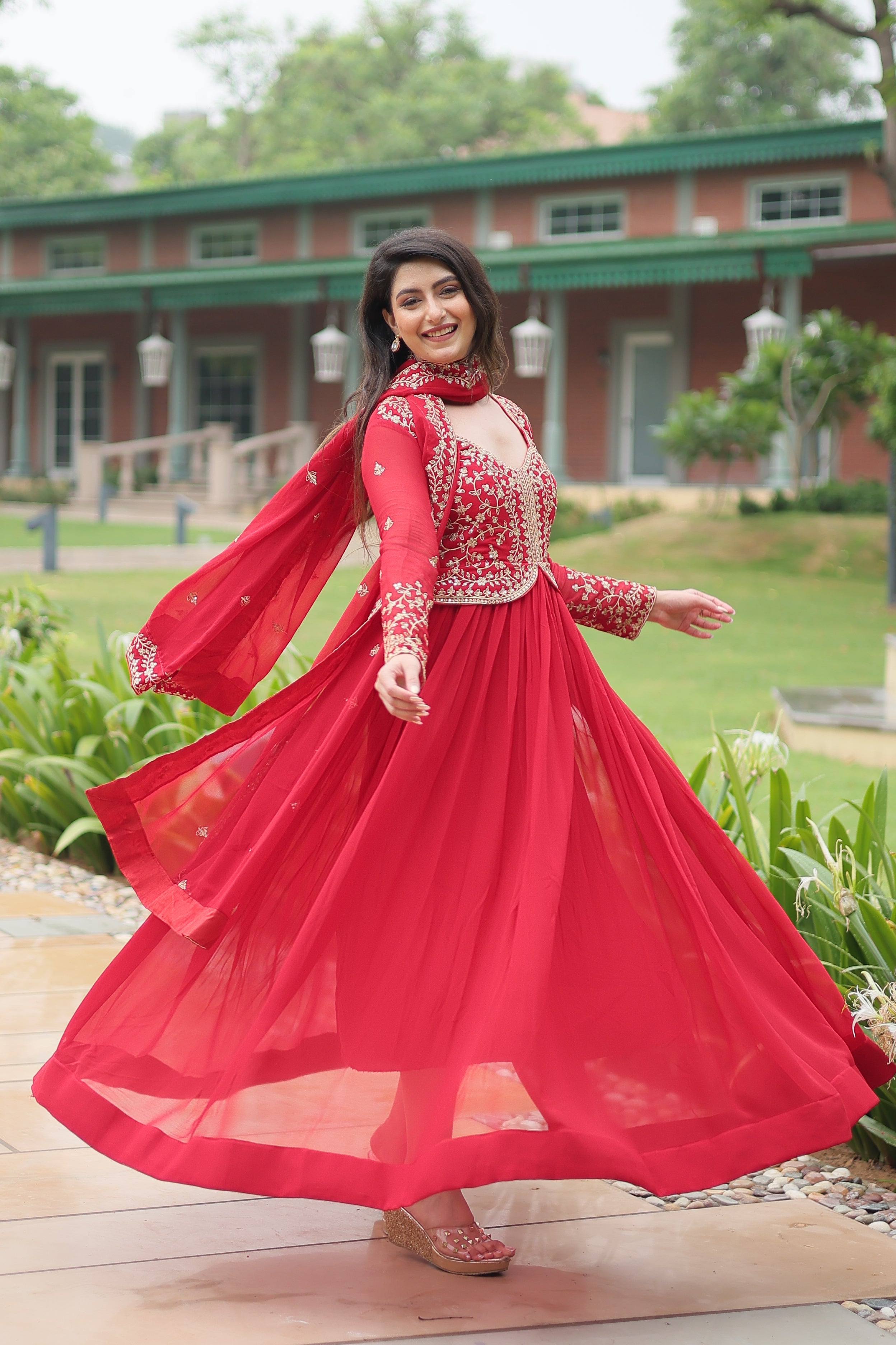 Teeya Creation Red Color Faux Georgette Heavy Embroidery Work Dupatta Fully Stitched Gown | Grocsy