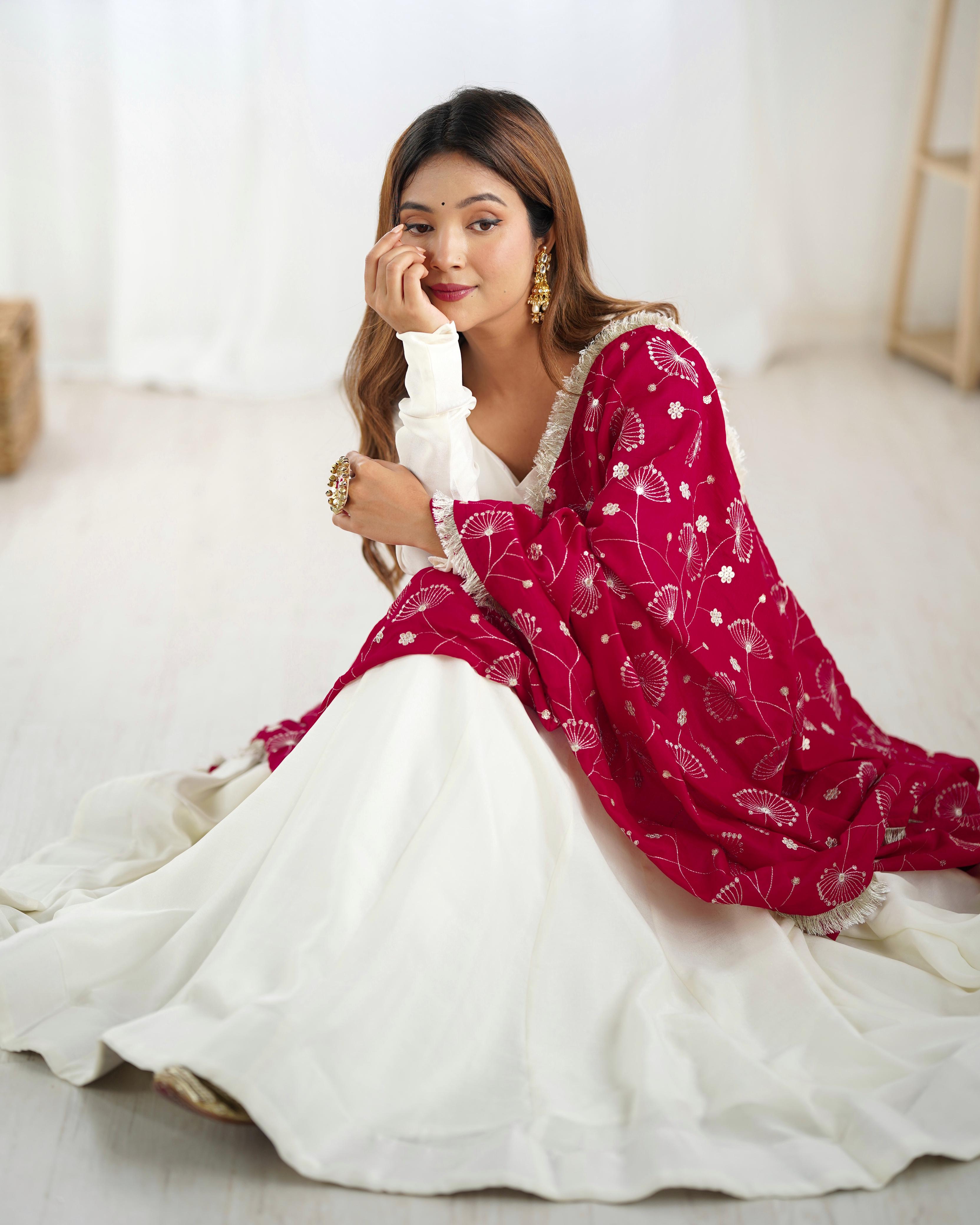 Teeya Creation Off White Color Vichitra Silk Fully Stitched Anarkali Gown | Grocsy