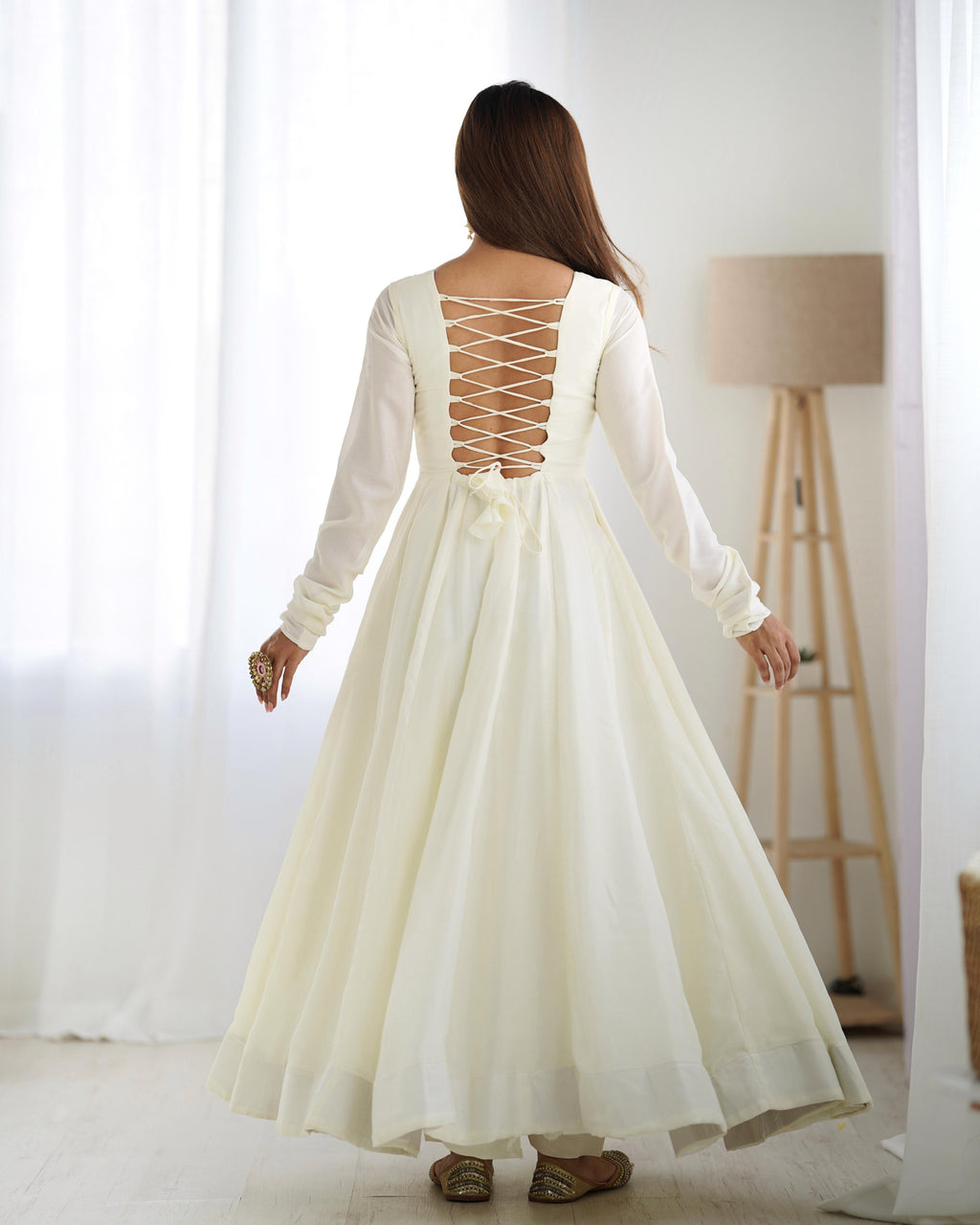 Teeya Creation Off White Color Vichitra Silk Fully Stitched Anarkali Gown | Grocsy