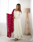 Teeya Creation Off White Color Vichitra Silk Fully Stitched Anarkali Gown | Grocsy