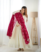 Teeya Creation Off White Color Vichitra Silk Fully Stitched Anarkali Gown | Grocsy