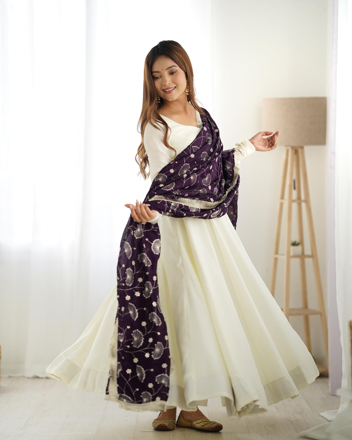 Teeya Creation Off White Color Vichitra Silk Fully Stitched Anarkali Gown | Grocsy