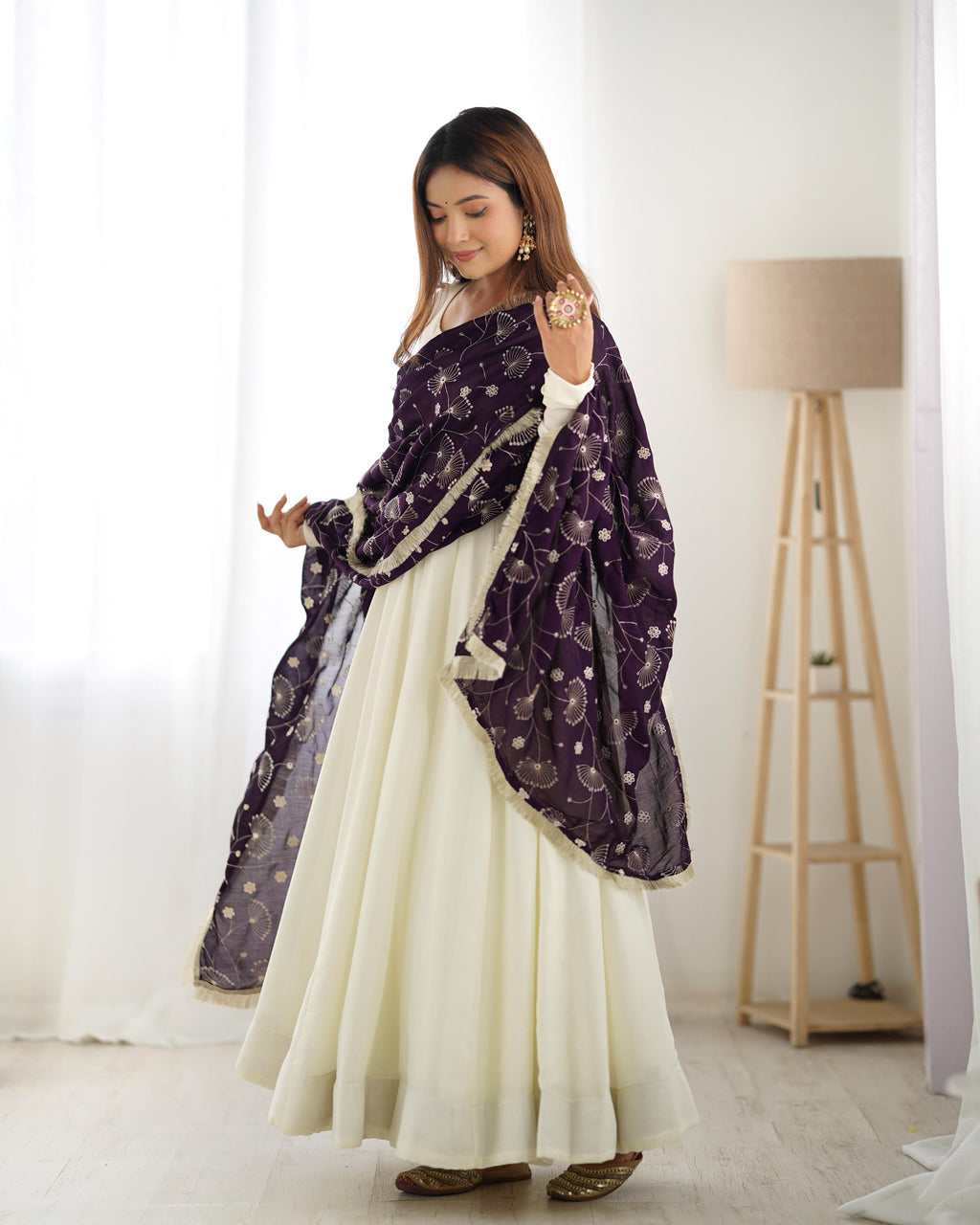 Teeya Creation Off White Color Vichitra Silk Fully Stitched Anarkali Gown | Grocsy