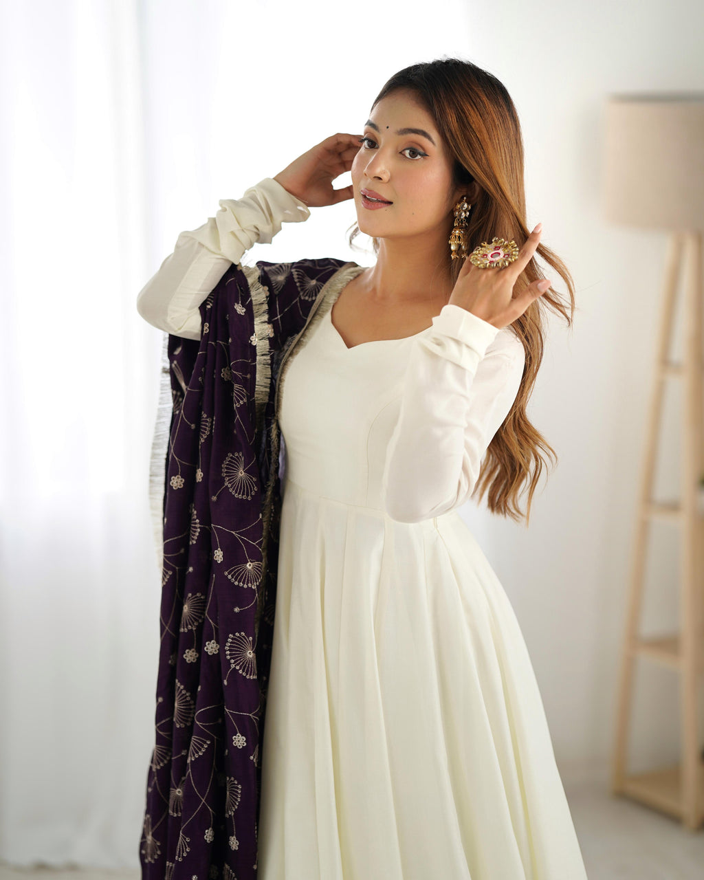 Teeya Creation Off White Color Vichitra Silk Fully Stitched Anarkali Gown | Grocsy