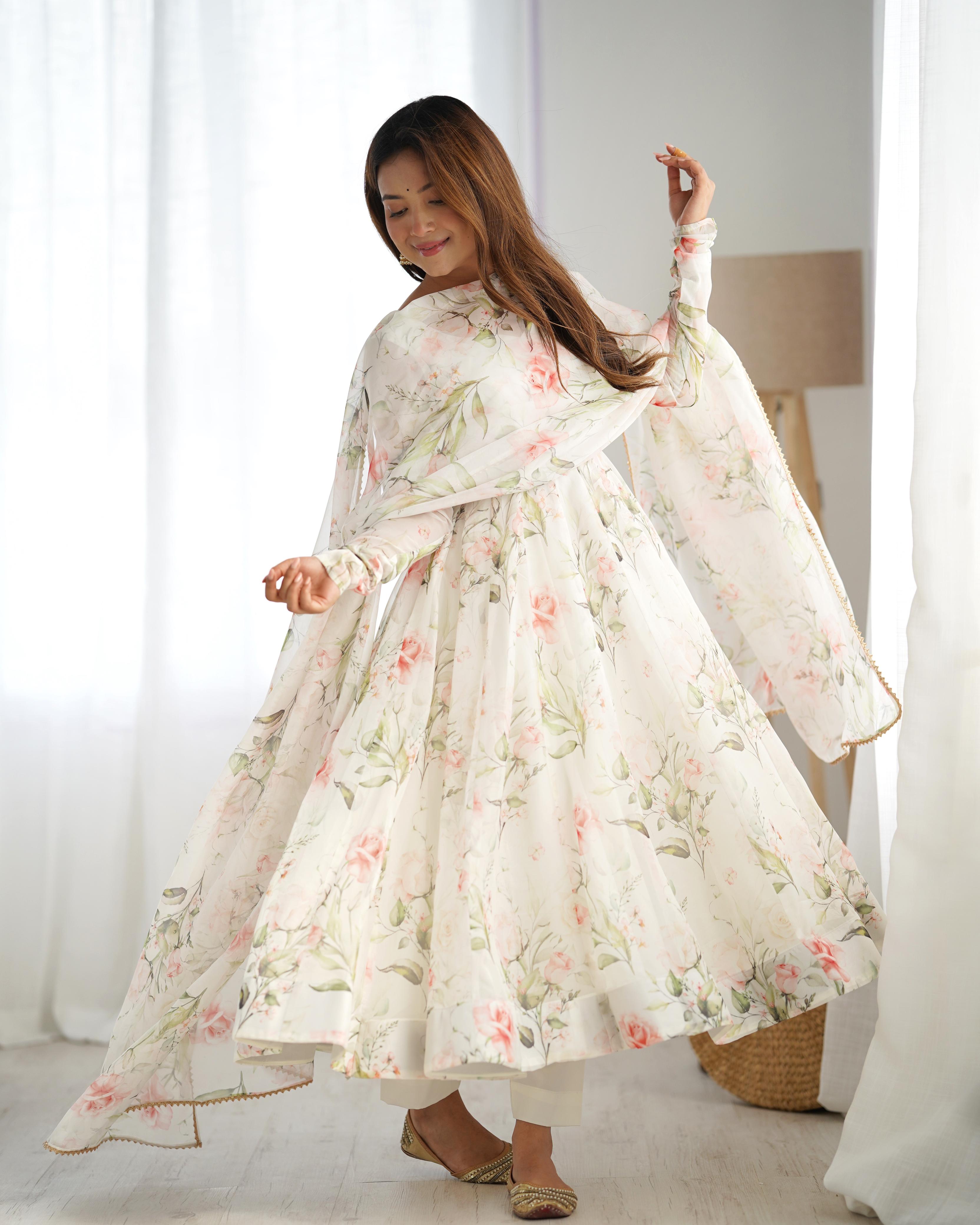 Teeya Creation Off White Color Soft Organza Silk Digital Printed Fully Stitched Anarkali Gown | Grocsy