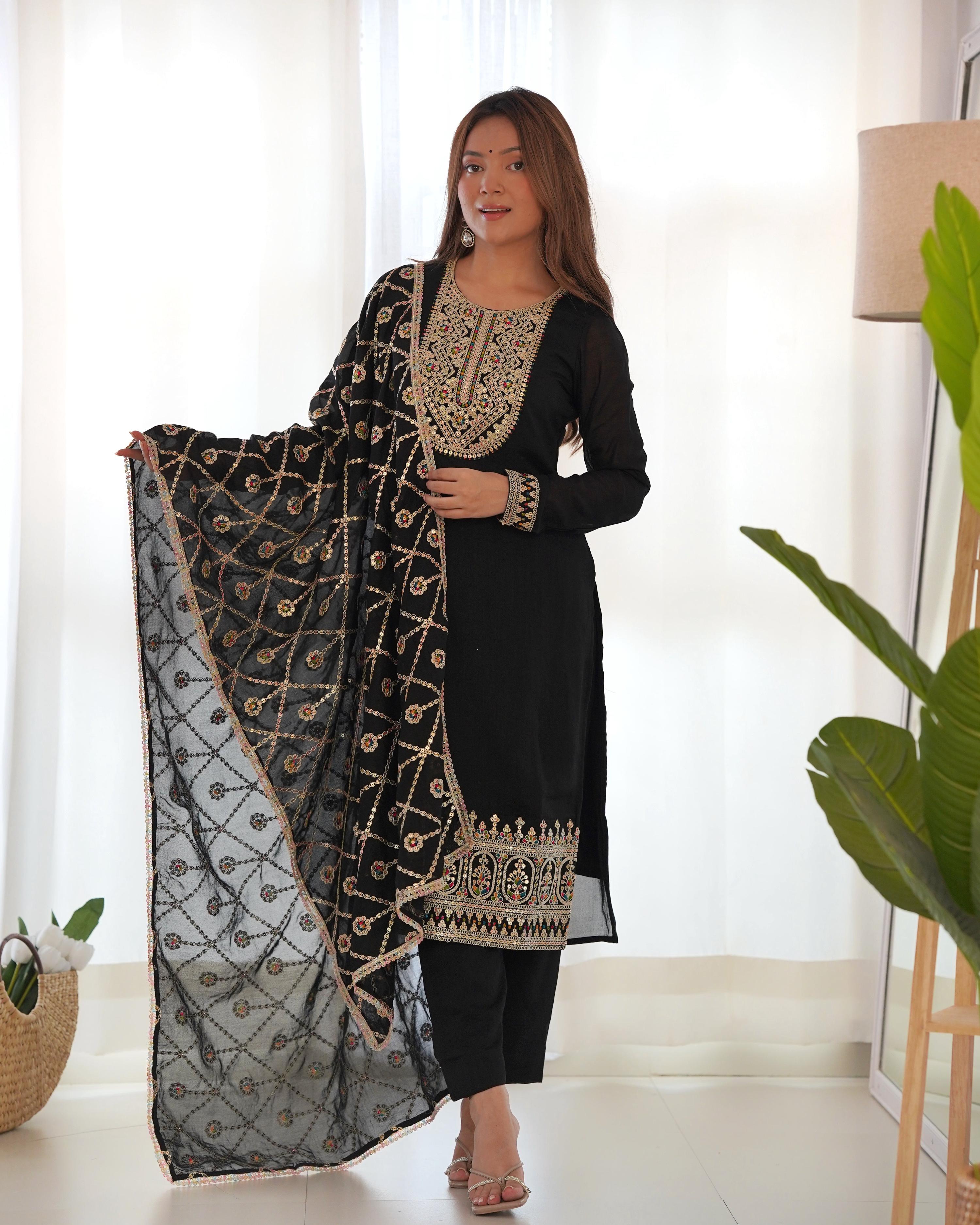 Teeya Creation Black Color Blooming Vichitra Silk Heavy Embroidery Work Fully Stitched Salwar Suit | Grocsy