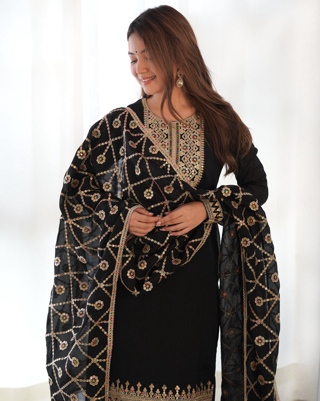 Teeya Creation Black Color Blooming Vichitra Silk Heavy Embroidery Work Fully Stitched Salwar Suit | Grocsy