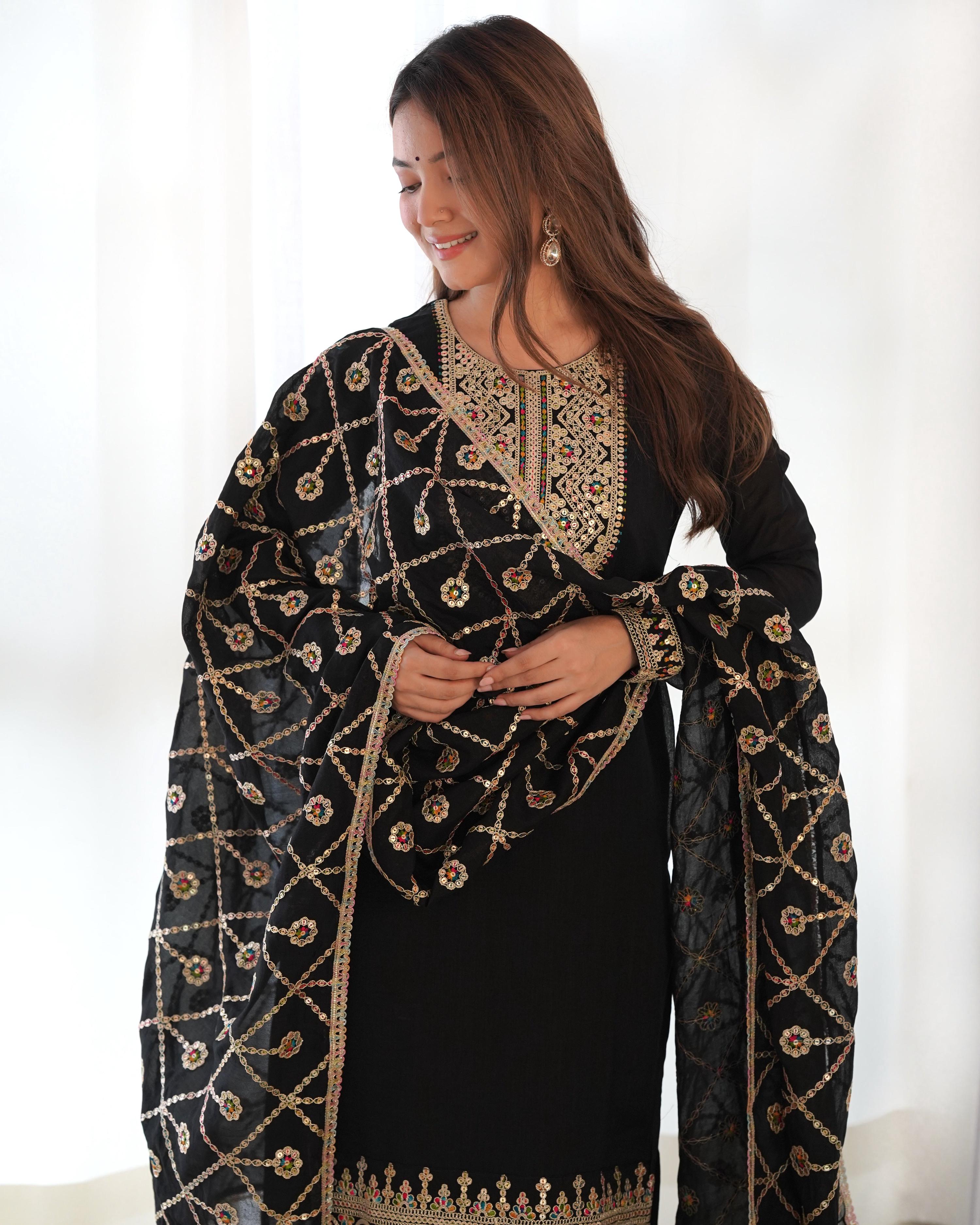 Teeya Creation Black Color Blooming Vichitra Silk Heavy Embroidery Work Fully Stitched Salwar Suit | Grocsy