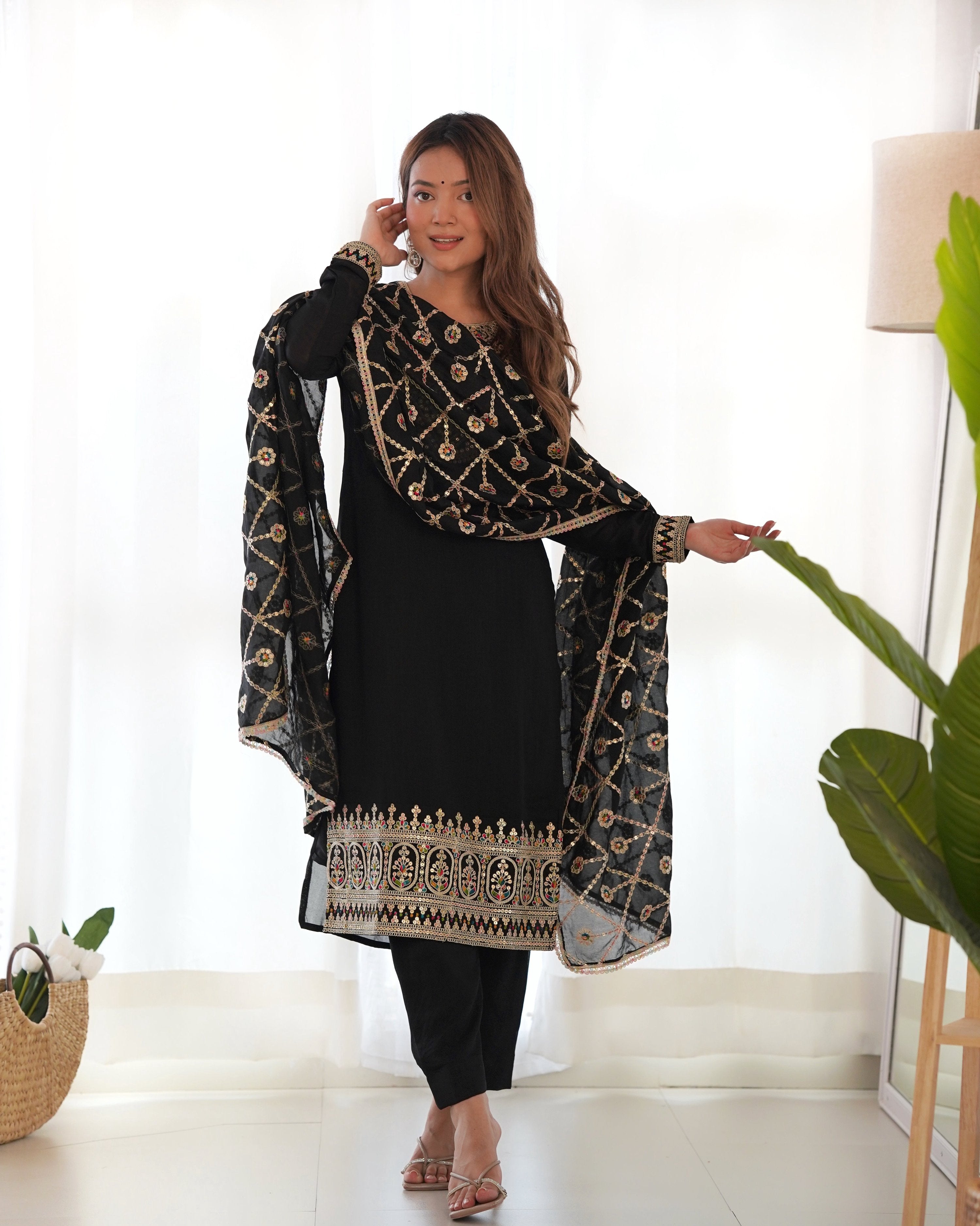 Teeya Creation Black Color Blooming Vichitra Silk Heavy Embroidery Work Fully Stitched Salwar Suit | Grocsy