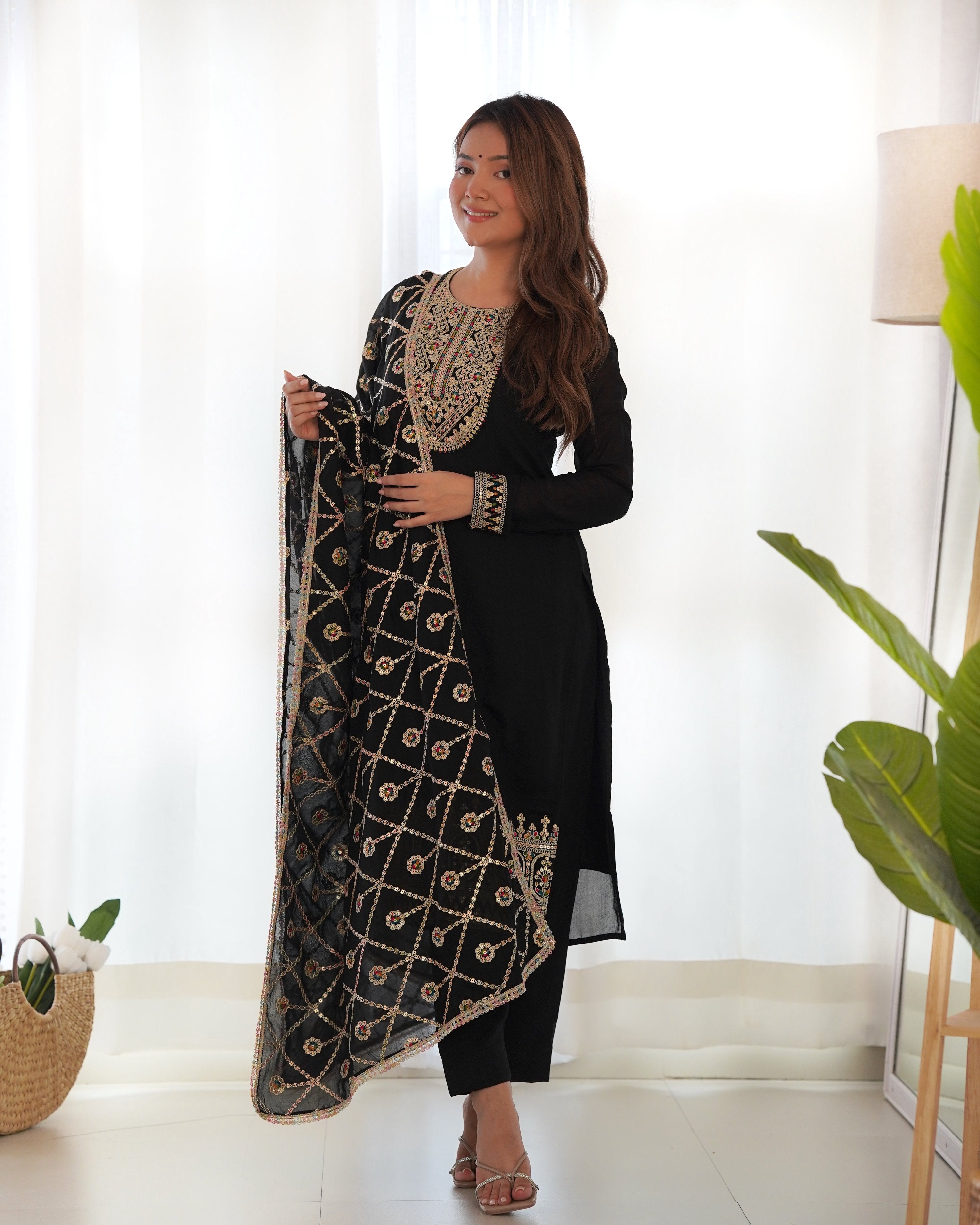 Teeya Creation Black Color Blooming Vichitra Silk Heavy Embroidery Work Fully Stitched Salwar Suit | Grocsy