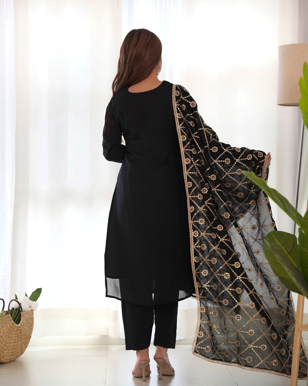 Teeya Creation Black Color Blooming Vichitra Silk Heavy Embroidery Work Fully Stitched Salwar Suit | Grocsy