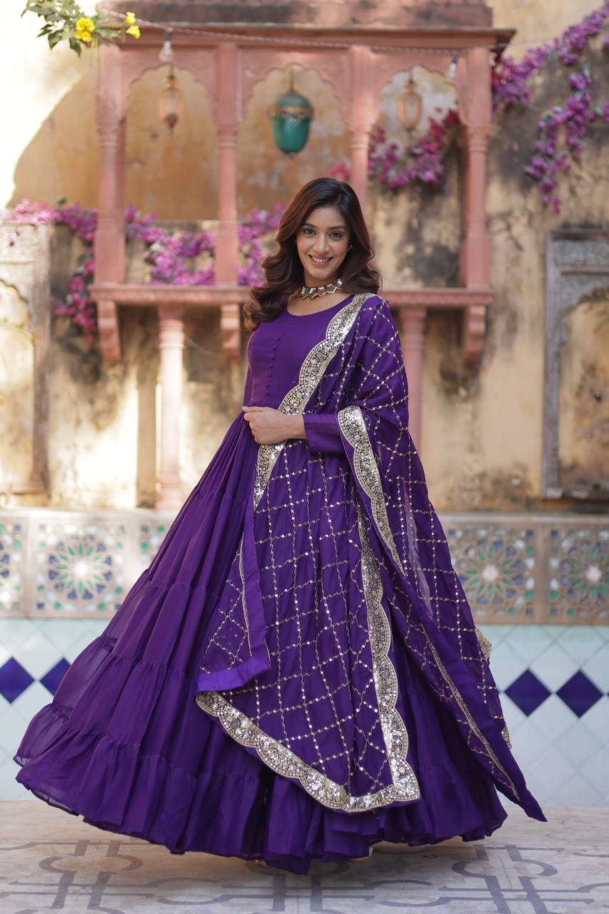 Teeya Creation Purple Color Star Georgette 15 Meter Flari Fully Stitched Gown | Grocsy