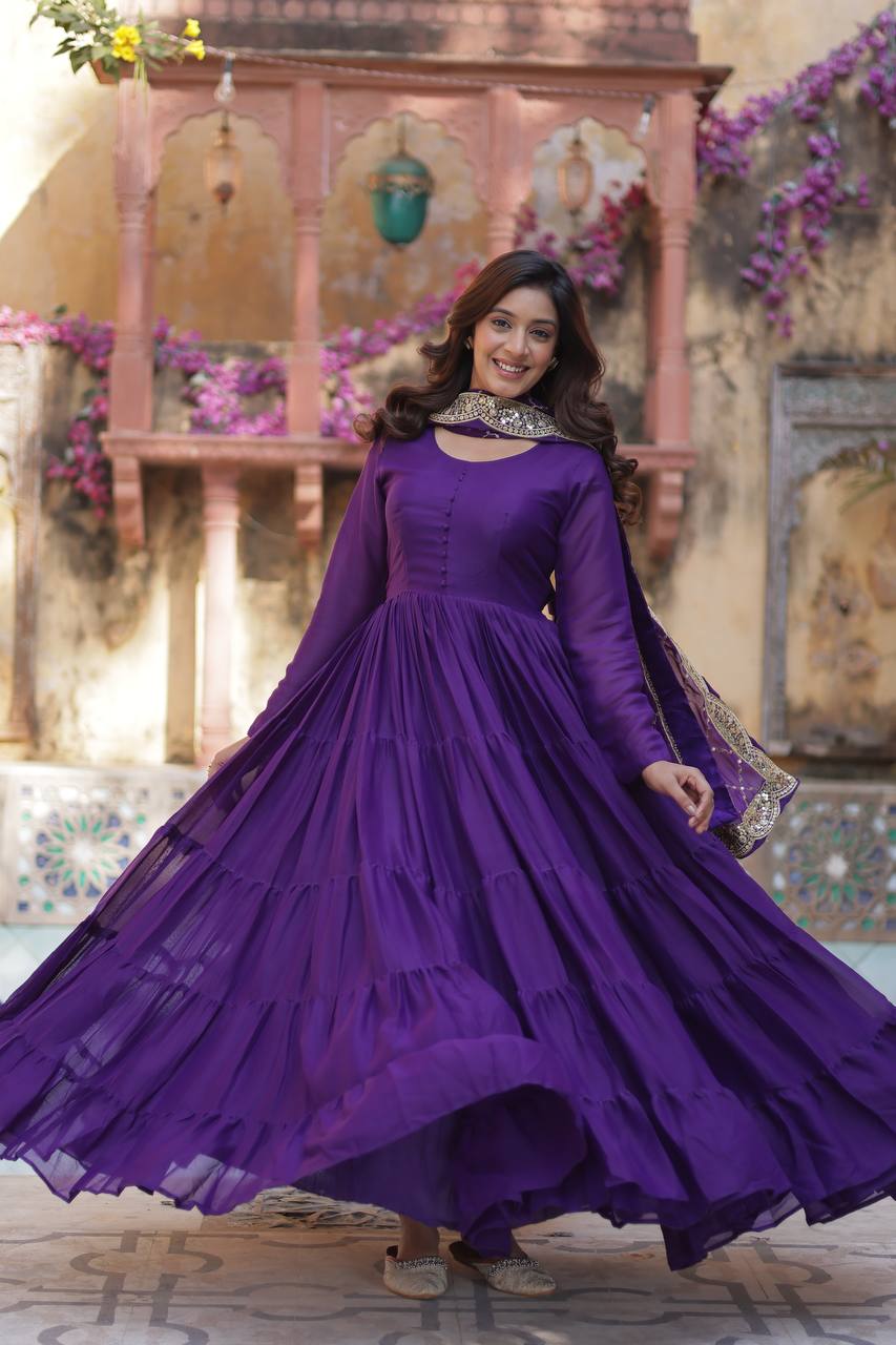 Teeya Creation Purple Color Star Georgette 15 Meter Flari Fully Stitched Gown | Grocsy