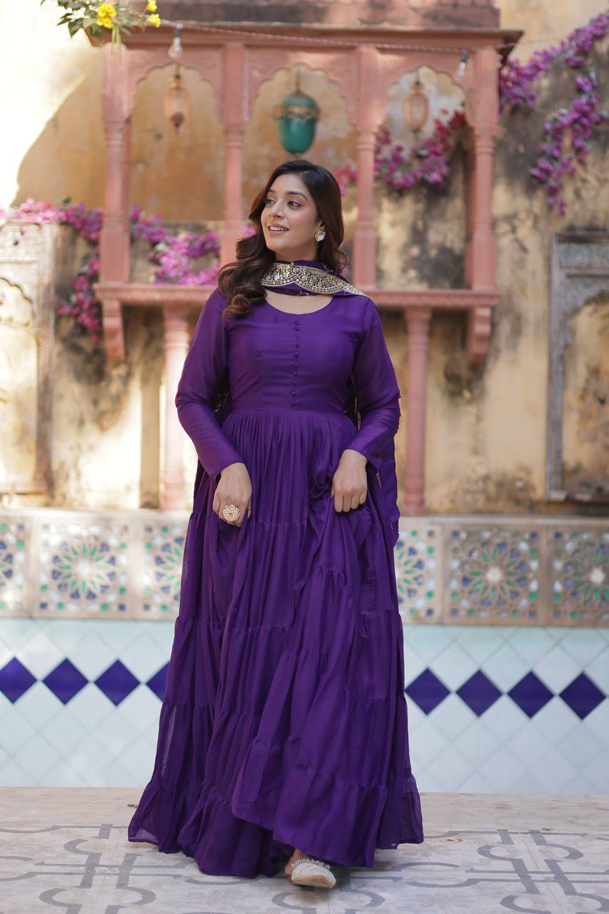 Teeya Creation Purple Color Star Georgette 15 Meter Flari Fully Stitched Gown | Grocsy