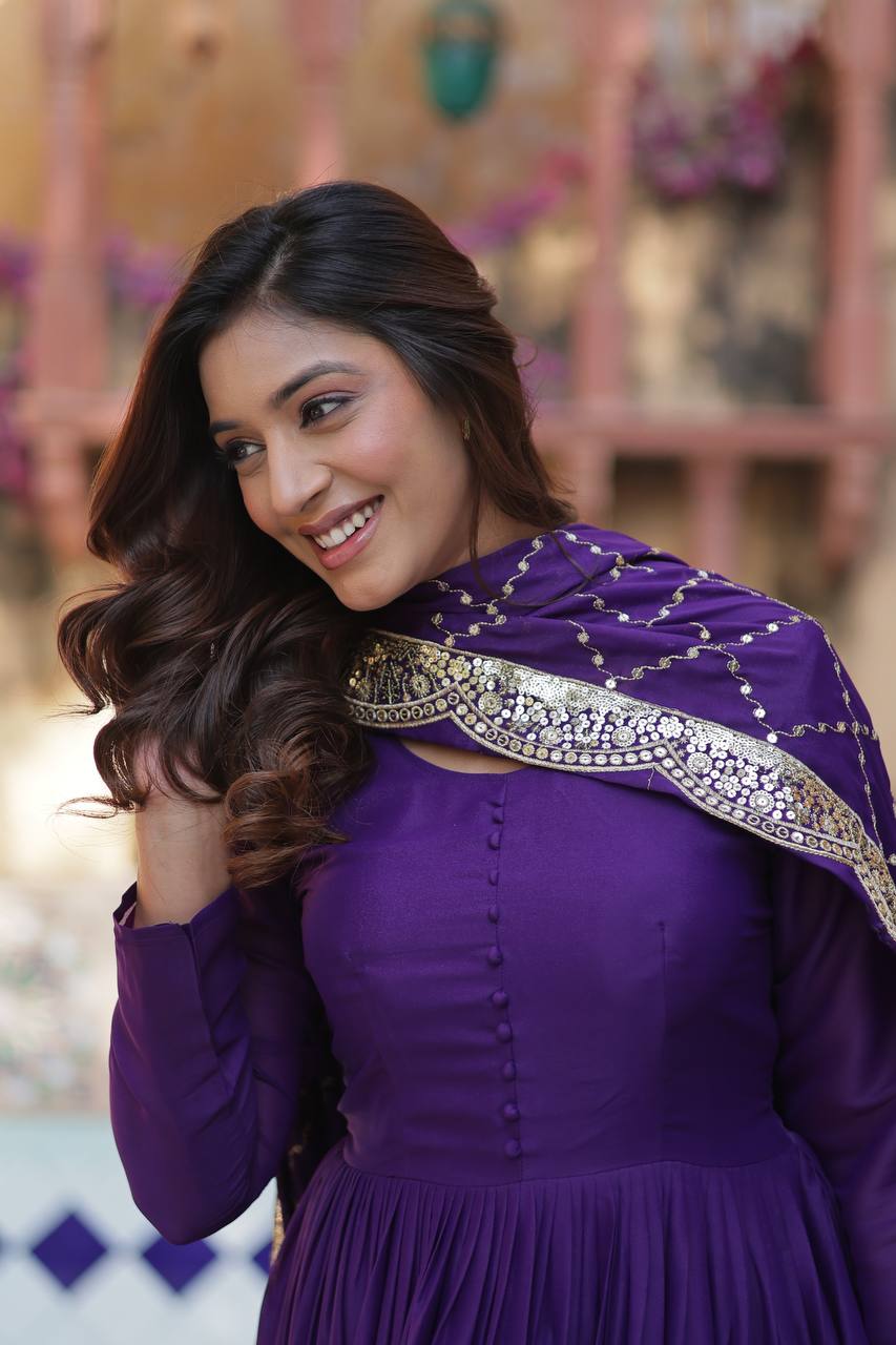Teeya Creation Purple Color Star Georgette 15 Meter Flari Fully Stitched Gown | Grocsy