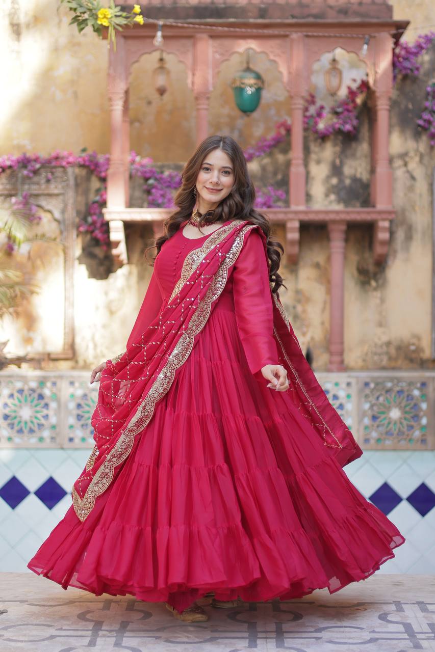 Teeya Creation Pink Color Star Georgette 15 Meter Flari Fully Stitched Gown | Grocsy