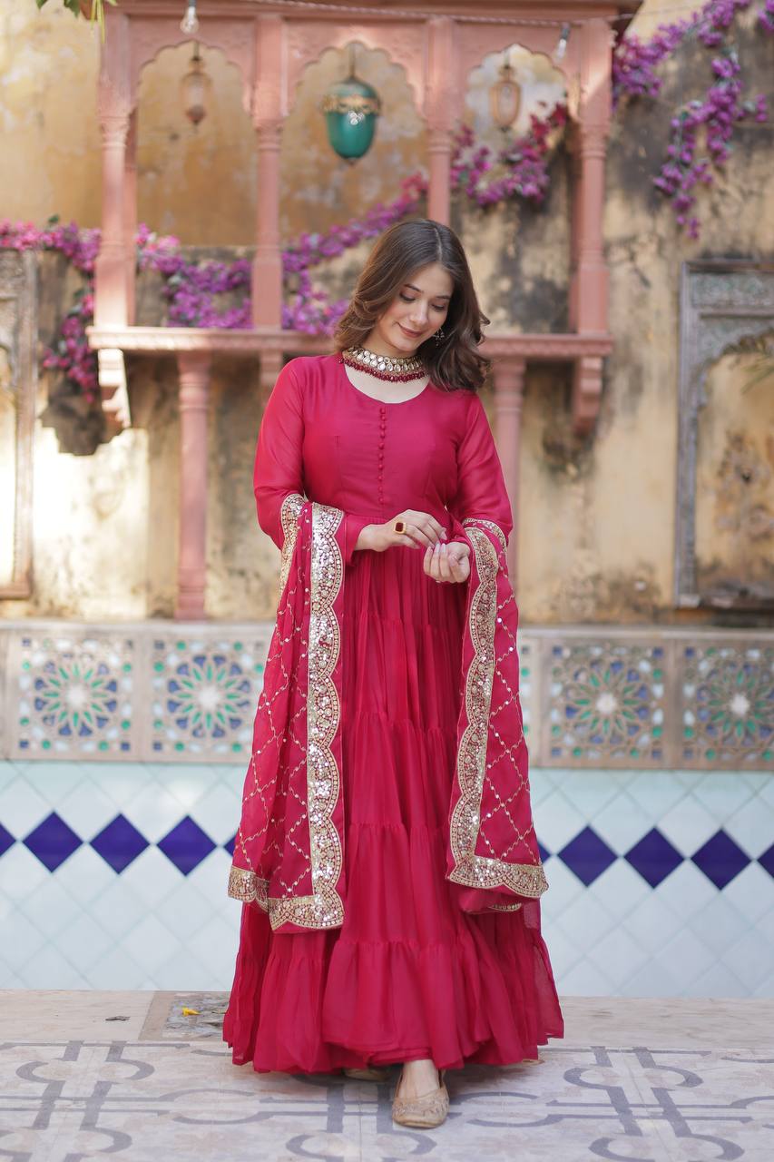 Teeya Creation Pink Color Star Georgette 15 Meter Flari Fully Stitched Gown | Grocsy