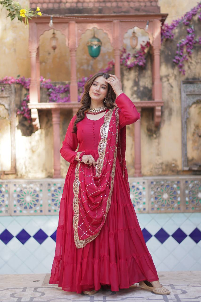 Teeya Creation Pink Color Star Georgette 15 Meter Flari Fully Stitched Gown | Grocsy