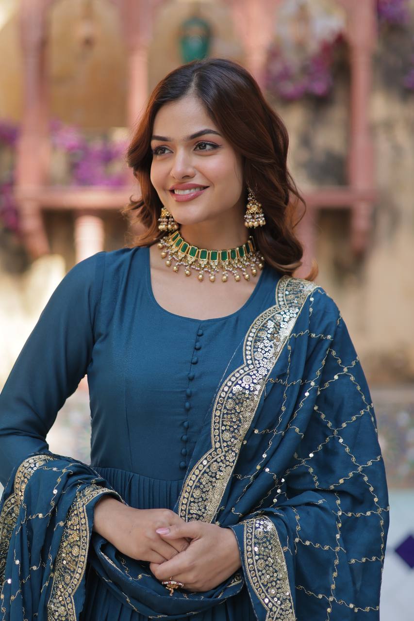 Teeya Creation Teal Color Star Georgette 15 Meter Flari Fully Stitched Gown | Grocsy
