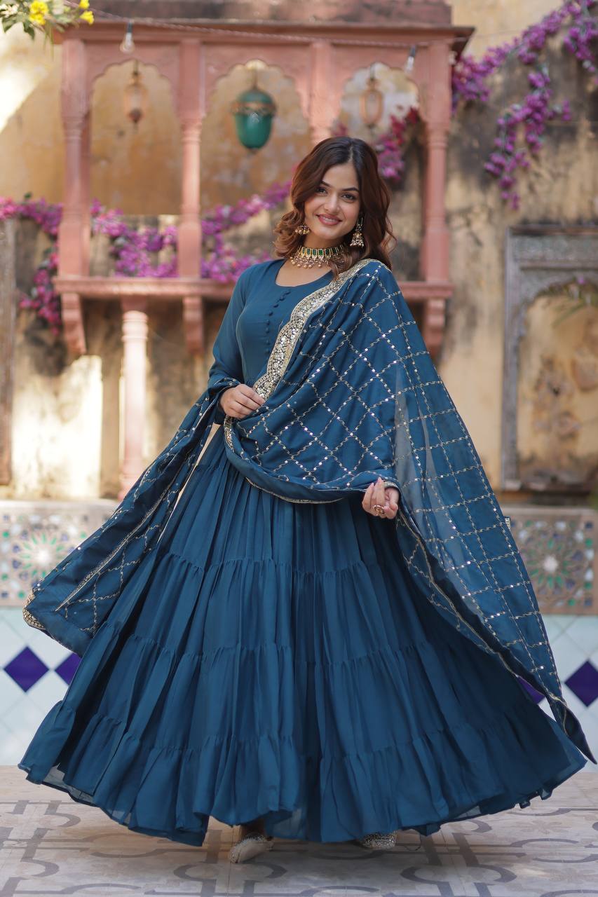 Teeya Creation Teal Color Star Georgette 15 Meter Flari Fully Stitched Gown | Grocsy