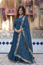 Teeya Creation Teal Color Star Georgette 15 Meter Flari Fully Stitched Gown | Grocsy