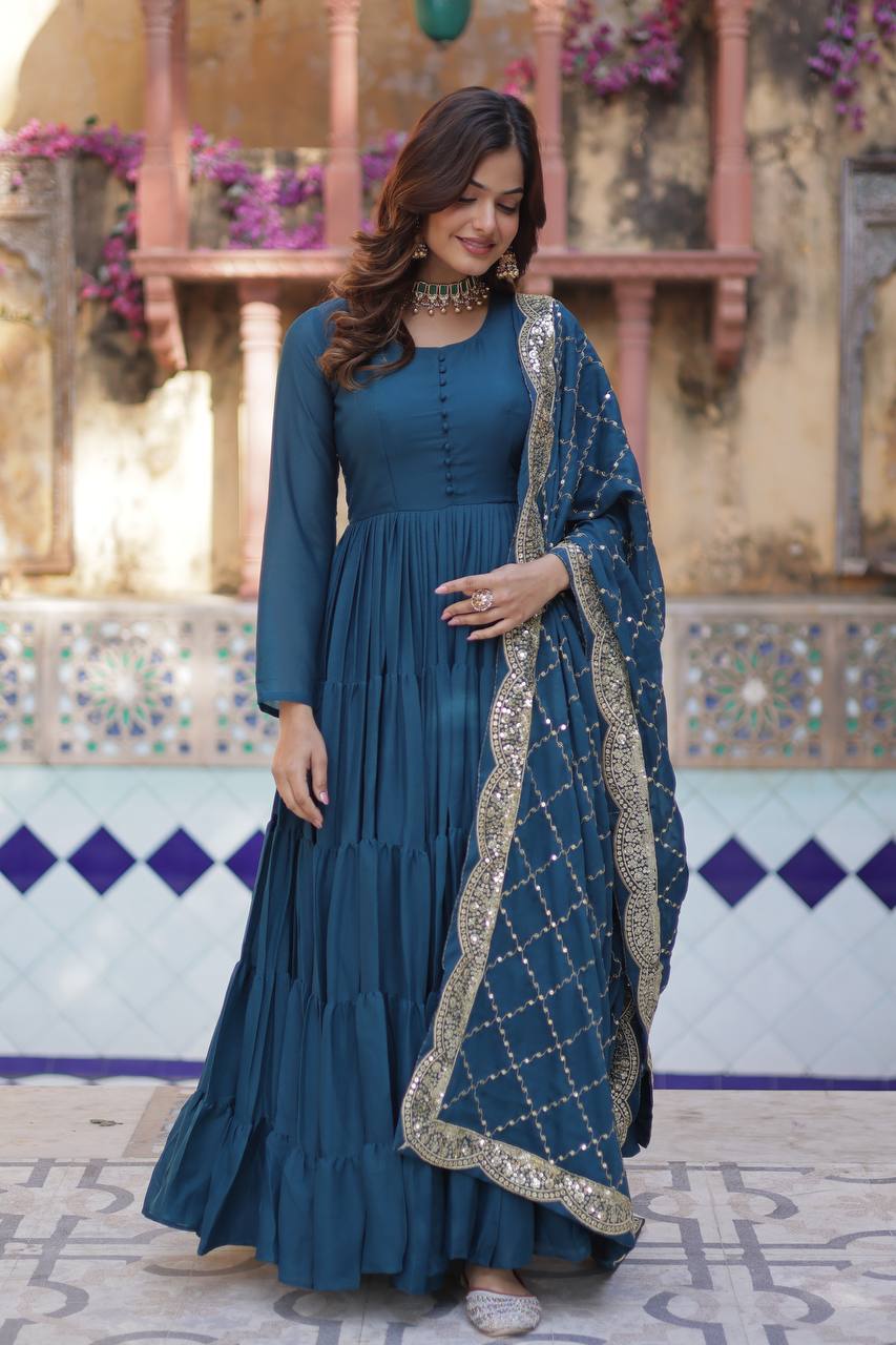 Teeya Creation Teal Color Star Georgette 15 Meter Flari Fully Stitched Gown | Grocsy