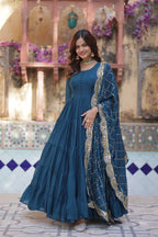Teeya Creation Teal Color Star Georgette 15 Meter Flari Fully Stitched Gown | Grocsy