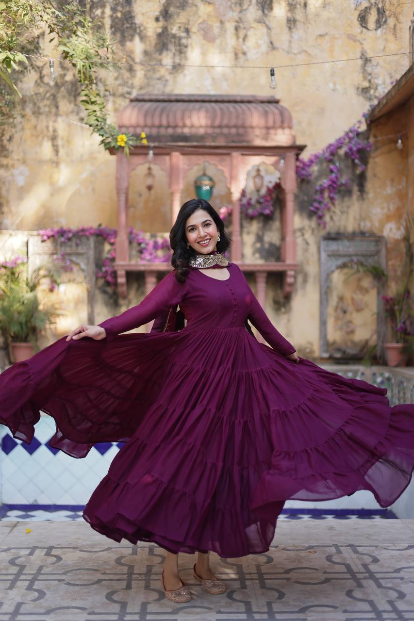 Teeya Creation Wine Color Star Georgette 15 Meter Flari Fully Stitched Gown | Grocsy